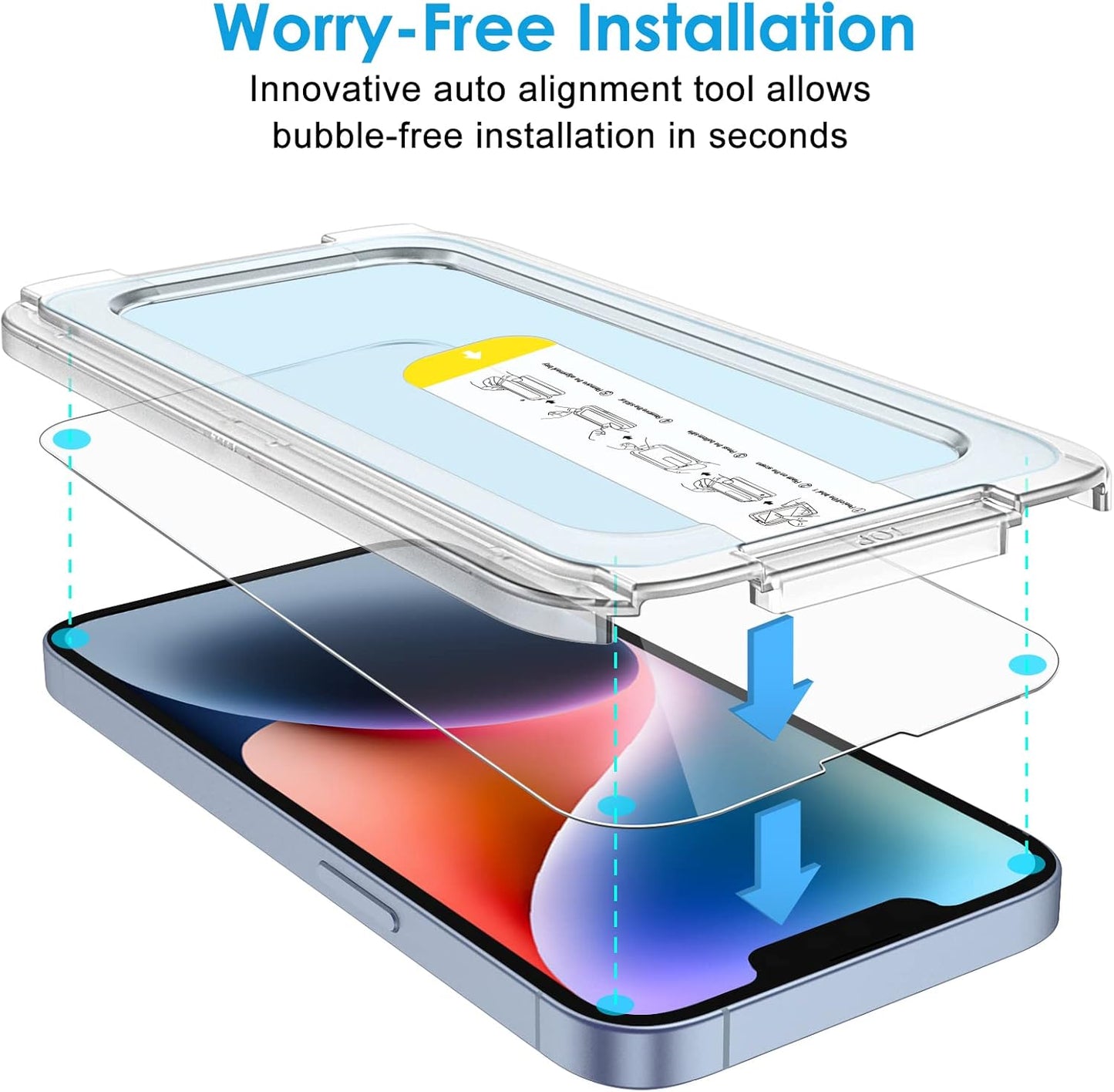 One Touch Install Screen Protector for iPhone 17e (2026) / iPhone 16e / iPhone 14, Full Coverage Tempered Glass Film, Auto Alignment Tool Kit