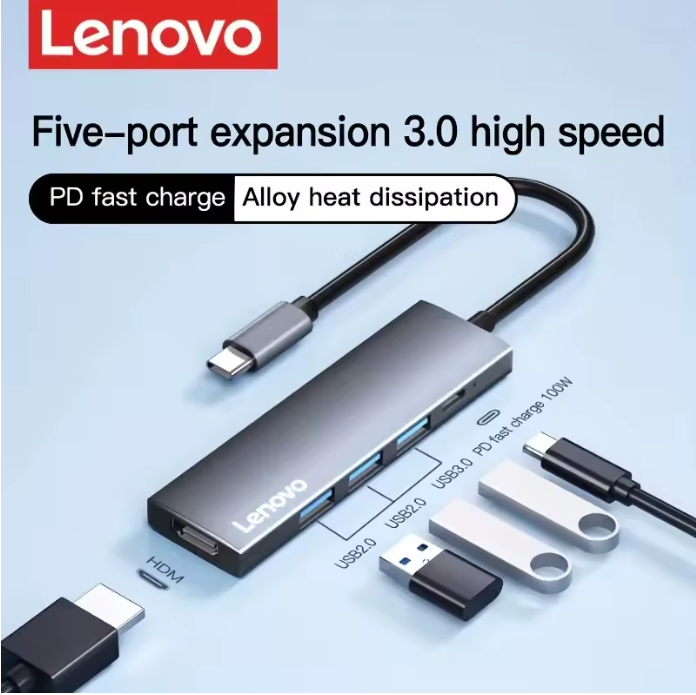 Lenovo USB C Hub 5 in 1 Multiport Adapter 4K HDMI, 100W Power Delivery, 3 USB-A Data Ports, USB C Dongle
