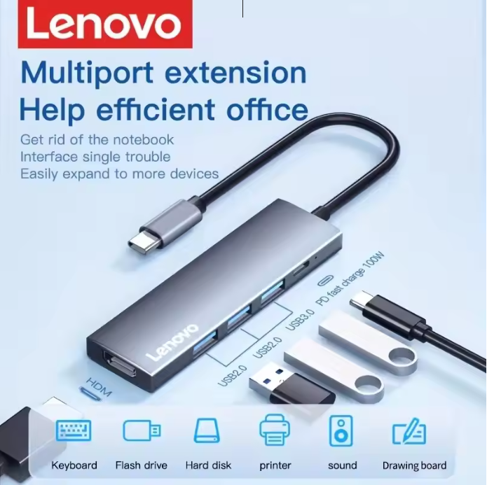 Lenovo USB C Hub 5 in 1 Multiport Adapter 4K HDMI, 100W Power Delivery, 3 USB-A Data Ports, USB C Dongle